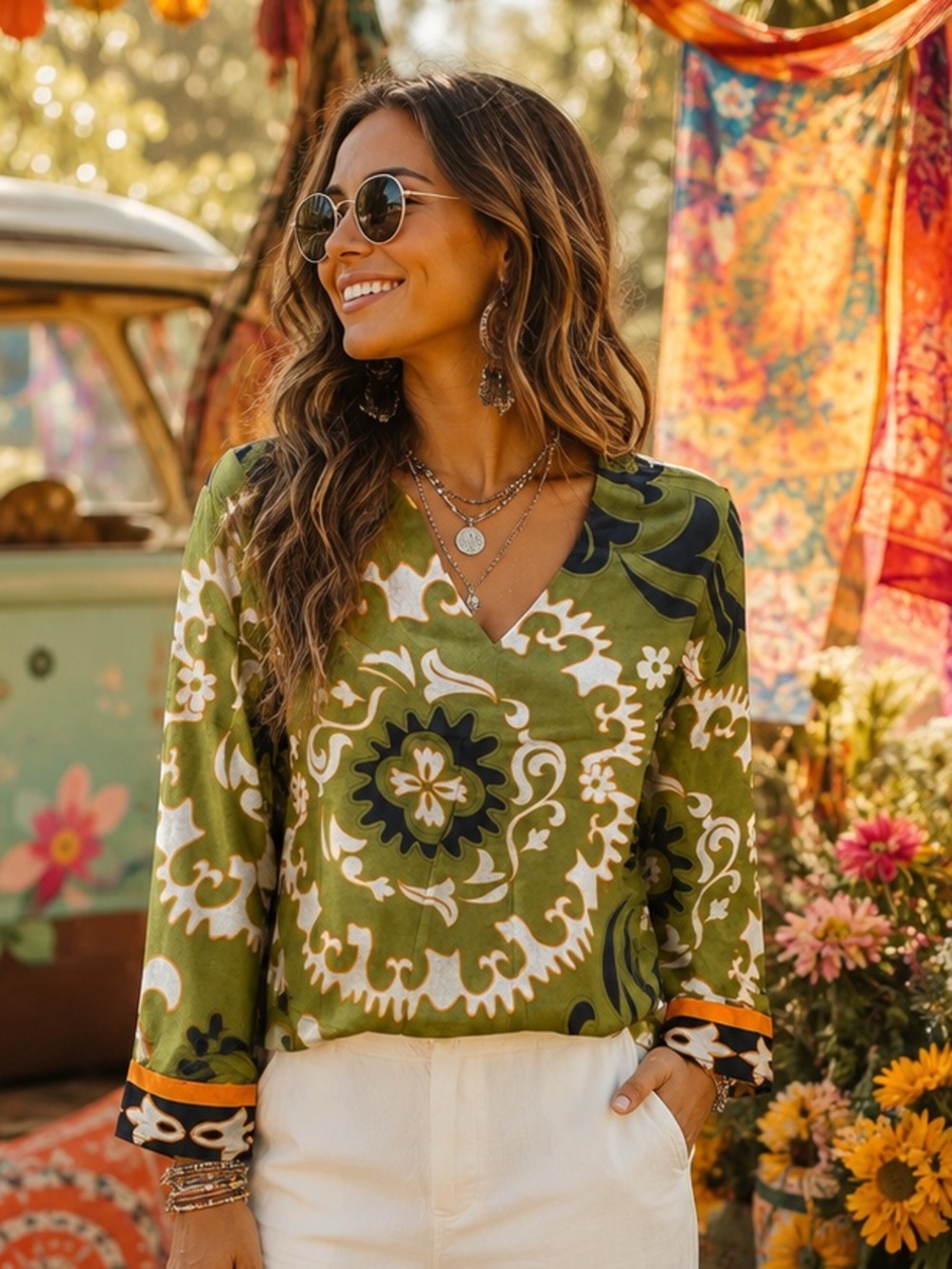 Rachel Zoe XS Olive Green Boho Floral Paisley V Neck Long Sleeve Blouse